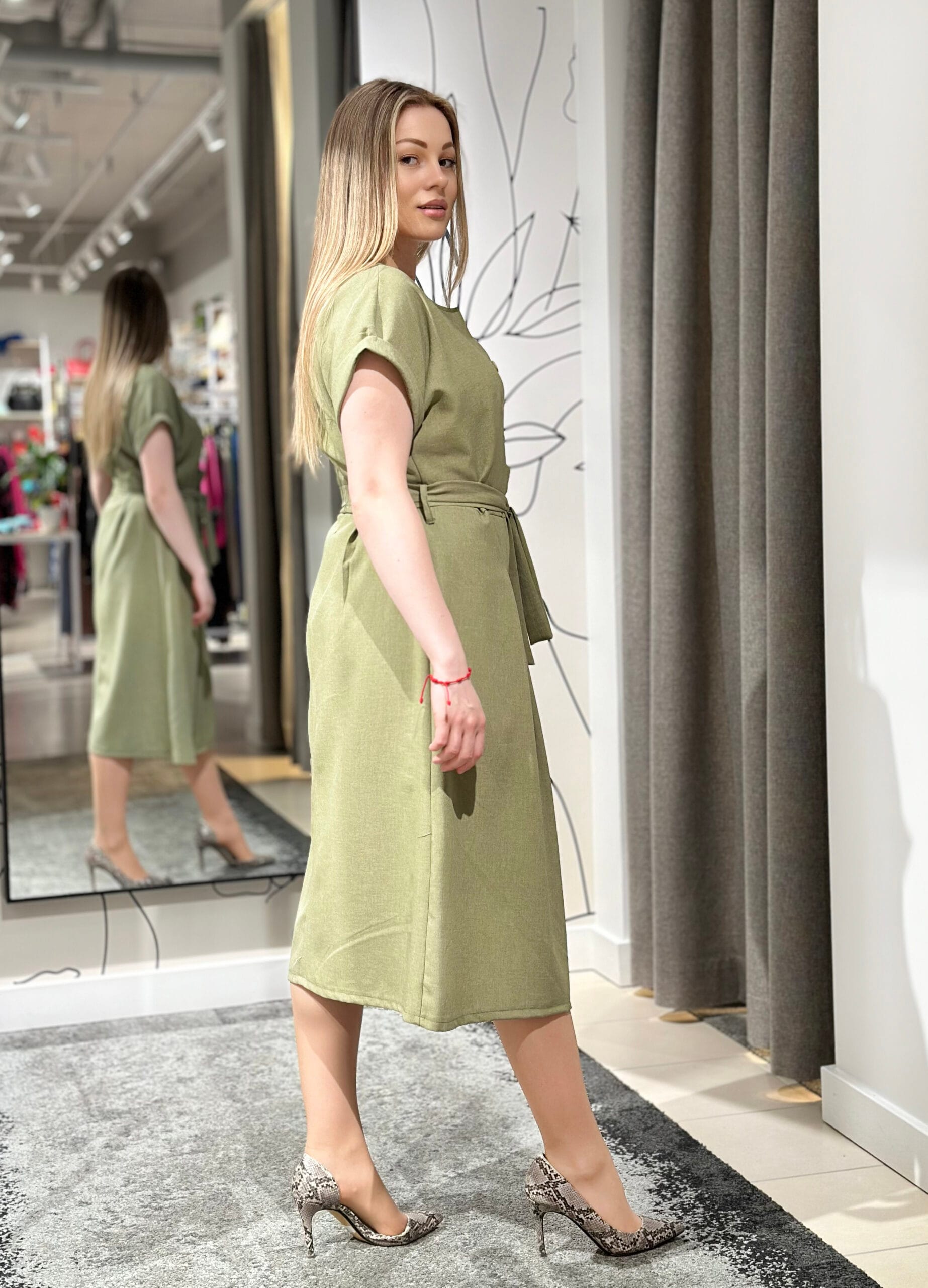 Midi lina kleita, khaki zaļa - Image 2